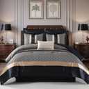 CozyDH Navy Blue Comforter Set Queen - Luxury 7 Piece Modern Geometric Bed in a Bag, Gold Silky Jacquard, All Season Down Alternative Bedding with Bed Skirt, Shams, Decorative Pillow, 90x90 in