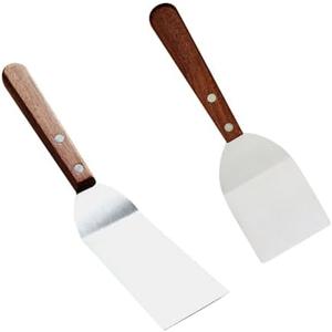 2 Pcs Stainless Steel Flipper Spatula Wood Handle Grill Turner Flat Top Metal Spatulas Fish Flipping Turner Beveled Edge Frying Spatulas Chef Baking Scraper Spatula for Pancake Burger