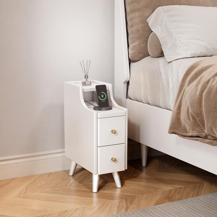 Narrow Nightstand with Drawers7.9" Slim Solid Wood Bedside Table with Open Shelf & Cable HoleSmall End Tables for Small SpacesWhite Side Tables Bedroom & Dorm