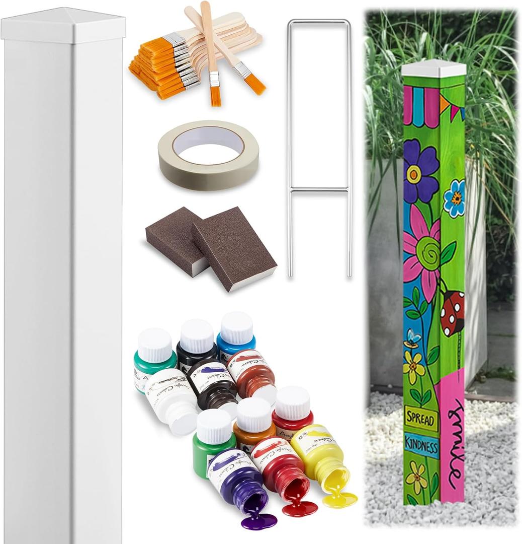 Lounsweer DIY Unfinished Art Peace Pole Set Include Acrylic Paint and Paintbrushes, PVC Weather Resistant Pole with Vinyl Cap, Ground Pile, 40" Tall Outdoor Decoration for Christmas Xmas Garden Yard
