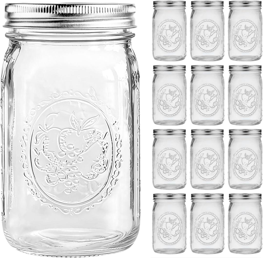 eleganttime Wide Mouth Mason Jars 32 oz with Lids and Bands Set of 12 Jars,Quart Large Glass Mason Jars with Airtight Lids,Great for Canning,Fermentation and Preservation