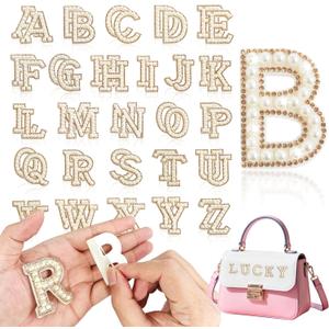 52Pcs Pearl Letter Patches, Self Adhesive Pearl Rhinestone Letter Patches A-Z for Clothes, Dress, Hat, Socks,BackpacksJeans, DIY Accessories