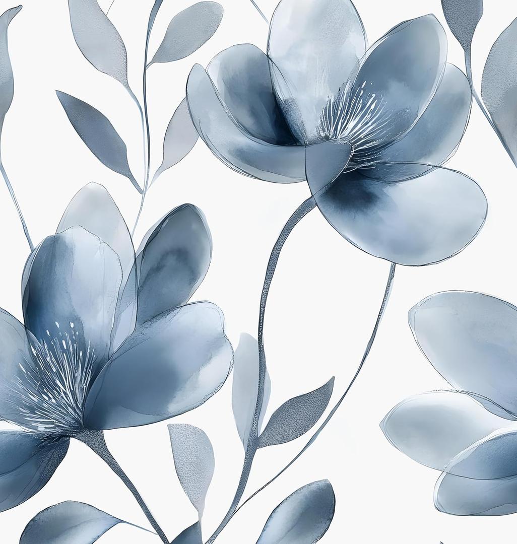 Laatse Blue Floral Wallpaper Peel and Stick Light Flower White Contact Paper 17.5in x118in Modern Watercolor Wall Paper Vinyl Waterproof Self Adhesive Botanical for Bedroom Cabinet Decor