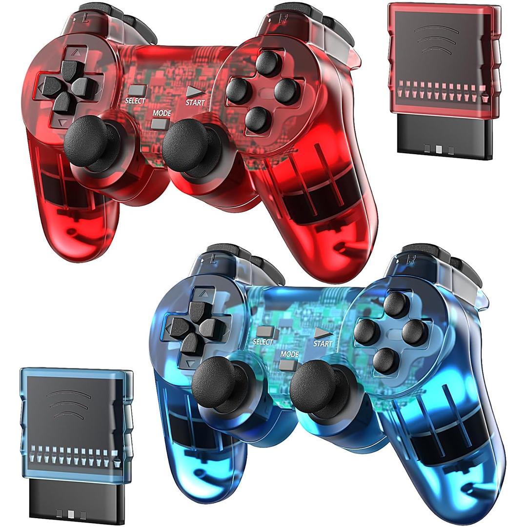 Degulan Wireless Controller Compatible with PS-2 Console, Remote Gamepad for Play 2 (Clear Red and Clear Blue)