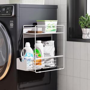 CABTE 2 Tier Magnetic Shelves for Washing Machine with Pull Out Metal Drawer,Magnetic Spice Rack for Fridge,Magnetic Rack with no Installation, Versatile Storage Organizers for Home (White, 2 Tier)