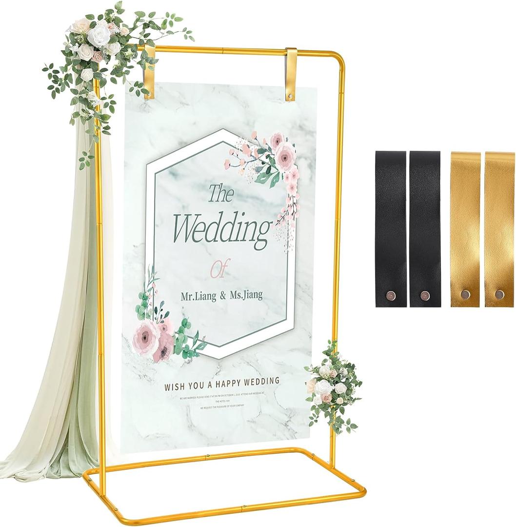 Wedding Sign Holder, 68x31x 20 Adjustable Welcome Sign Stand with Leather Sign Hanging Straps, Sign Rack,Heavy Duty Easel Stand for Sign, Wedding Seating Chart Stand, Easel for Halloween Display (Gold)
