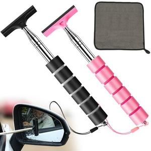 COFSODI Small car Side Mirror Squeegee(38-inch), Retractable Long Handle Mini Windshield Cleaning Tool, Car Squeegee for Window Cleaning, (Retractable Wiper-Pink+Black+Towel) 3Pcs