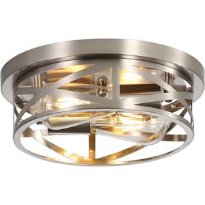 Close to Ceiling Light Fixtures, 2-Light Brushed Nickle Flush Mount Ceiling Light, 11 Inch Metal Cage Cross Modern Indoor House Ceiling Lights for Kitchen Bedroom Living Room Foyer Hallway Office (Silver)
