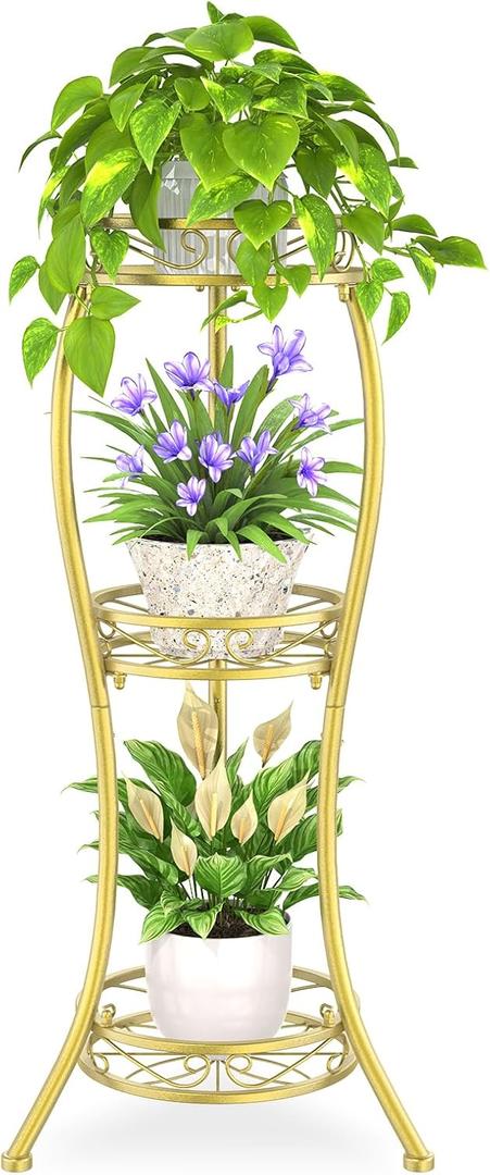 iDavosic.ly 3 Tier Tall Metal Plant Stand Indoor Outdoor, Wrought Iron Corner Flower Pot Holder Shelf, 34 Inch Vertical Display Rack for Patio Porch Living Room Garden, Gold