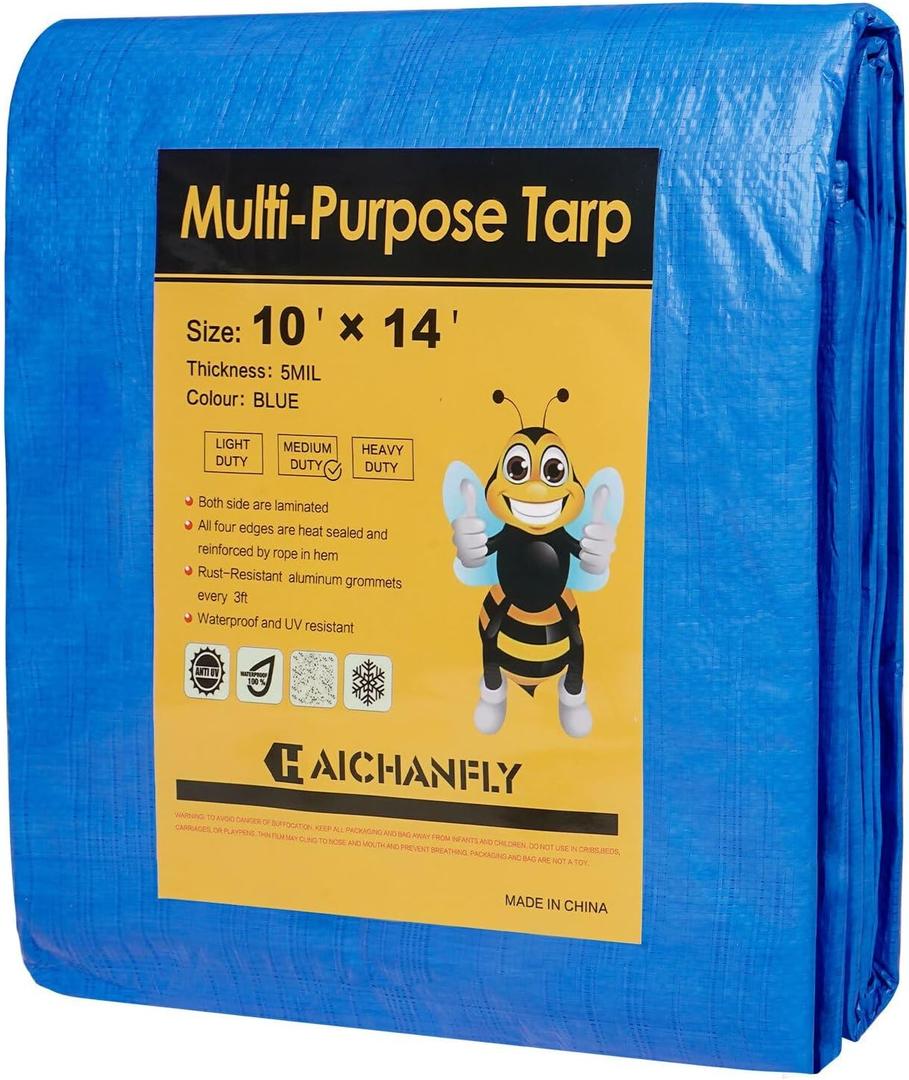 Double-Sided Waterproof Poly Tarp 10x14 Feet 5mil Thick Polyethylene Tarps, Perfect for Outdoor Use, Plastic Cover & Mat for Tent Camping Storage Boat Bikes Vehicles
