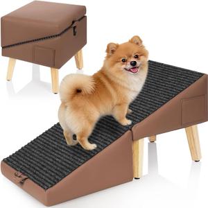 Ottoman Dog Ramp for Couch, 2-in-1 Foldable Dog Stairs for Small Dogs,Brown