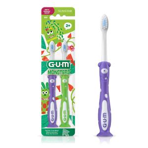 GUM Sunstar Monsterz Kids’ Toothbrush W/Suction Cup, Ages 2+, Assorted Colors, 1 Dozen