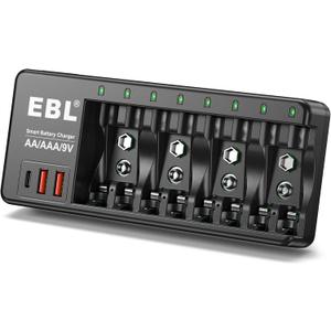 EBL AA AAA 9V NiMH NiCD and 9V Li-ion Rechargeable Battery Charger, with 2 USB-A & 1 USB-C Ports