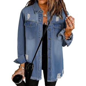 Oversized Jean Jacket Women Casual Button Down Distressed Denim Shacket (XXL, R-knight Blue)