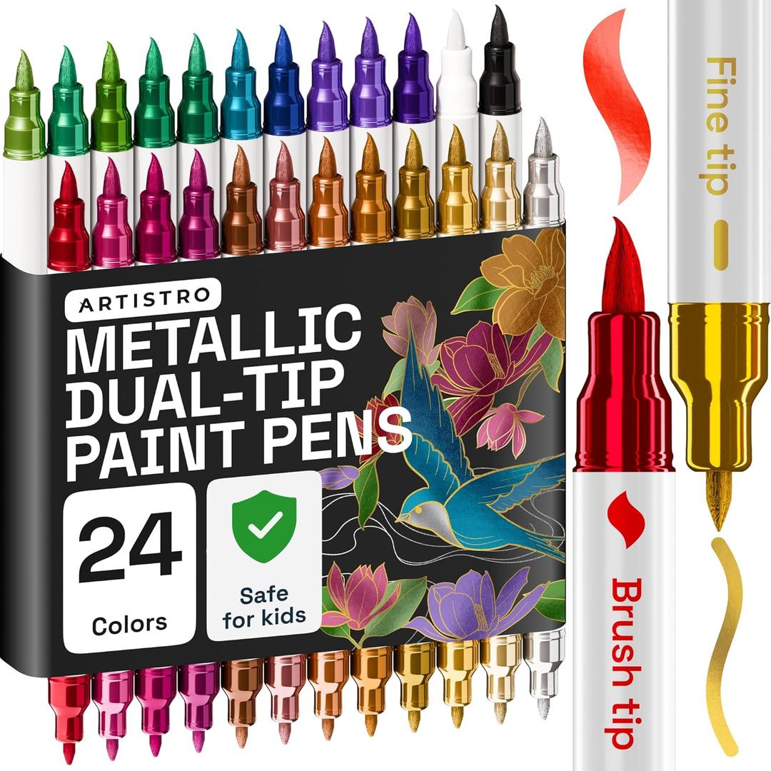 ARTISTRO 24 Metallic Acrylic Paint Markers - Paint Pens for Drawing, Brush + Fine Tips - For Fabric, Rock, Glass, Wood, DIY, Craft, Canvas - Art and Craft Supplies for Adults, Teens, Kids
