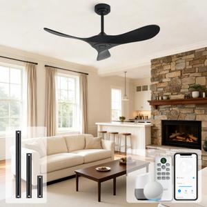 Homlit Ceiling Fan Without Light, 72 Inch Smart Wood Ceiling Fan no Lights, Compatible with Alexa/Google, 3 Natural Walnut Black Blades, Remote, Quiet Reversible DC Motor for Indoor Outdoor