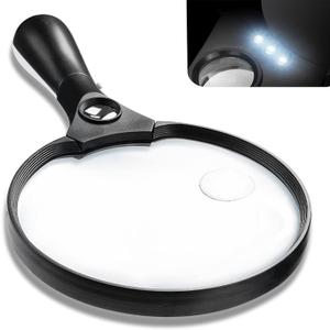 Large Magnifying Glass with Light - 5.5 Inch Handheld Magnifier with 10X 25X 45X Magnification & 3 LED Lights Lighted Magnifying Glass, Magnifying Glasses for Close Work Reading for Seniors Kids (Black)