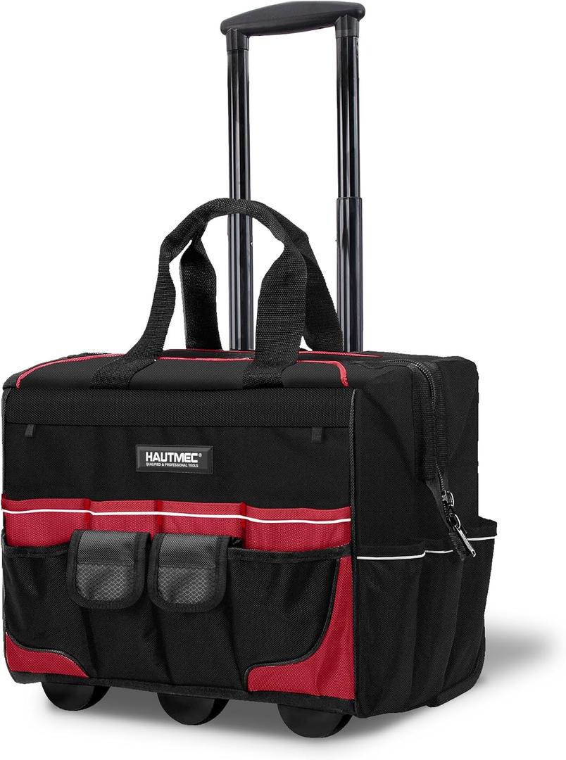 HAUTMEC 18" Rolling Tool Bag with Wheels, 23-Pocket Portable Tool Box Organizer with Water-Resistant Oxford Fabric, Wide-Mouth Design, Oversized Wheels & Telescoping Handle - HT0059 (18-Inch | Red)