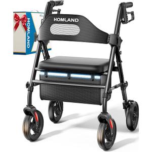 HOMLAND Foldable Rollator Walker with Seat for Seniors, 16" Enlarged Seat
8" Big Wheels, 16"×12"x1.6" Thick Padded Seat, Adjustable Seat & Handle Height, Tool-Free Assembly, All Terrain Mobility Aid