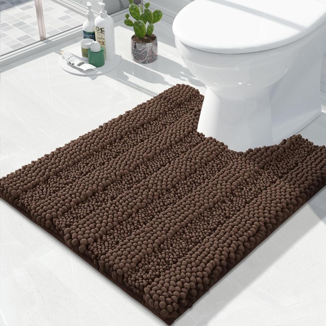 Yimobra Toilet Rugs U Shaped Washable 24 x 20, Non Slip and Super Absorbent Toilet Mat, Quick Dry, Ultra Luxury Microfiber Chenille Plush Fluffy Contour Bath Rugs for Toilet Base, Brown