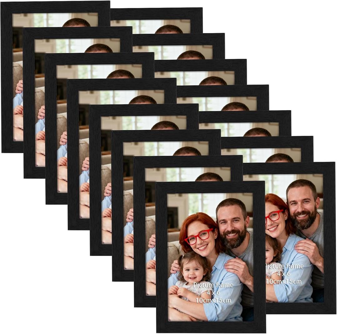 Giftgarden 4x6 Picture Frames Set of 15, Black Wooden Photo Frame for Wall or Tabletop Display, Engineered Wood with Shatter-Resistant Plexiglass