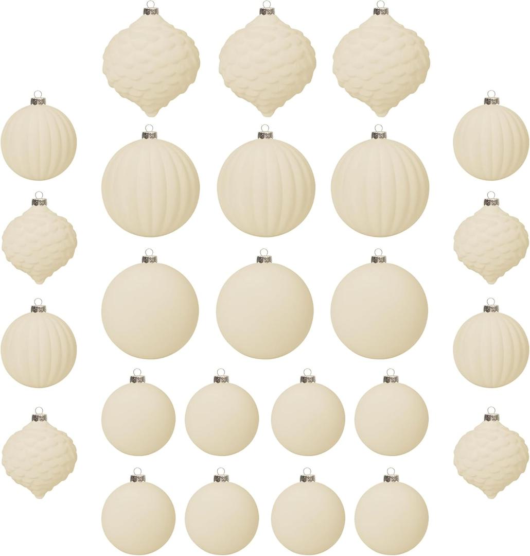 KI Store Velvet Christmas Balls Cream White 25pcs Flocked Christmas Tree Ornaments Assortment for Xmas Tree Holiday Decor
