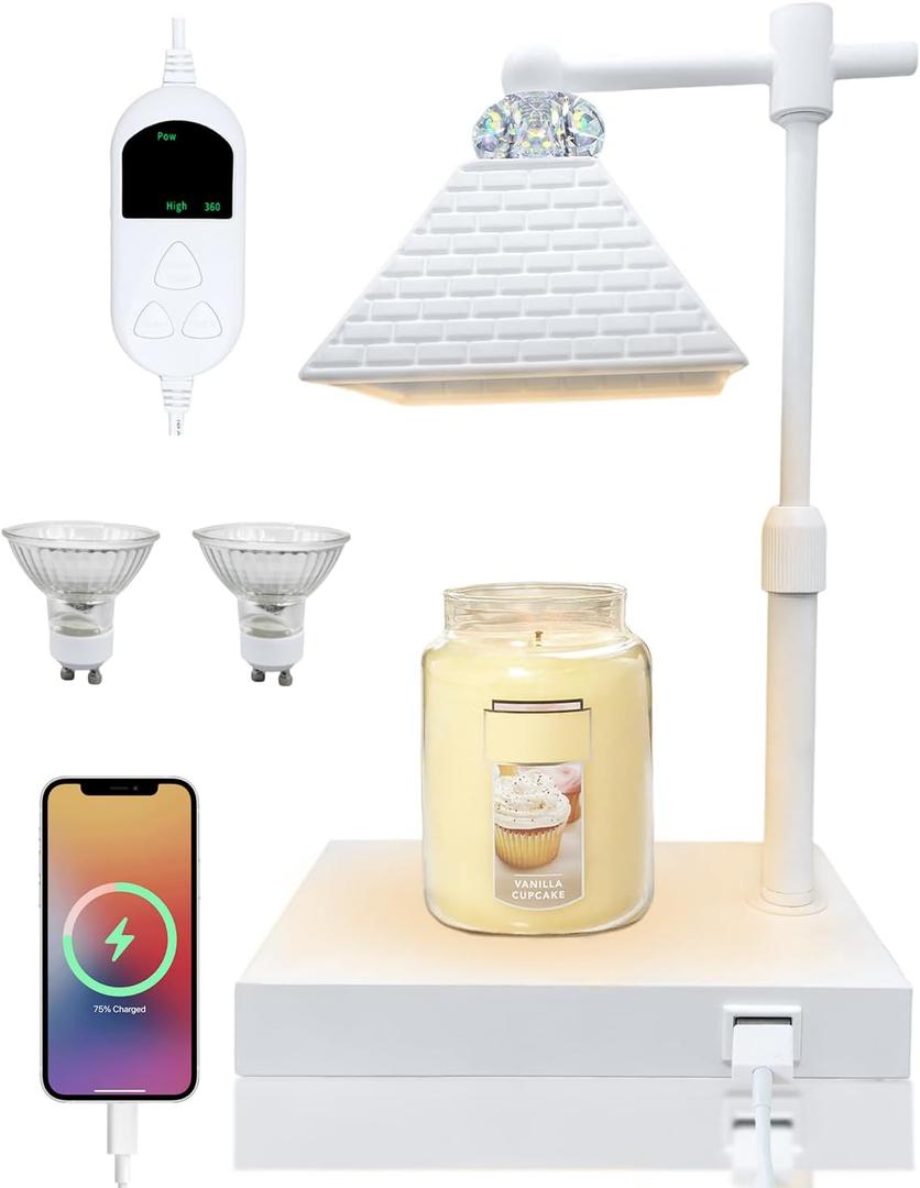 FINPOT Candle Lamp Warmer, Candle Warmer Lamp with Timer & Dimmer, Candle Warming Lamp with USB Charging Ports & 2 Bulbs, Wax Warmer Lamps Scented Candles Home Decor (White)