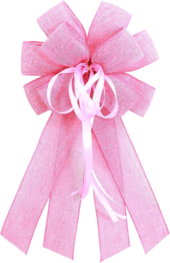 anshome Large Pink Burlap Bow for Wreath, Easter Farmhouse Burlap Fabric Wreath Bow for Front Door Decor Spring Pink Tree Topper Ornament Decorative Bow with String for Wedding Holiday Party Decor