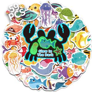 55 Pcs Colorful Fishs Sea Animals Stickers Glow in The Dark, Vinyl Sea Animals Water Bottle Sticker Pack for Teens, Waterproof Skateboard Laptop Decals for Adults Students Kids Girls Boys (Luminescent-056ksxx)