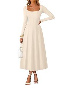 MEROKEETY Women's Fall Dresses 2025 Long Sleeve Square Neck Elegant Classy Winter Cocktail Wedding Guest Midi Dress, Apricot, Medium