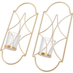 Wall Candle Sconces Holder Set of 2, Iron Candle Wall Sconces with Glass Candle Containers Antique Wall Art Decorations for Living Room, Bathroom, Dining Room and Office(Gold)
