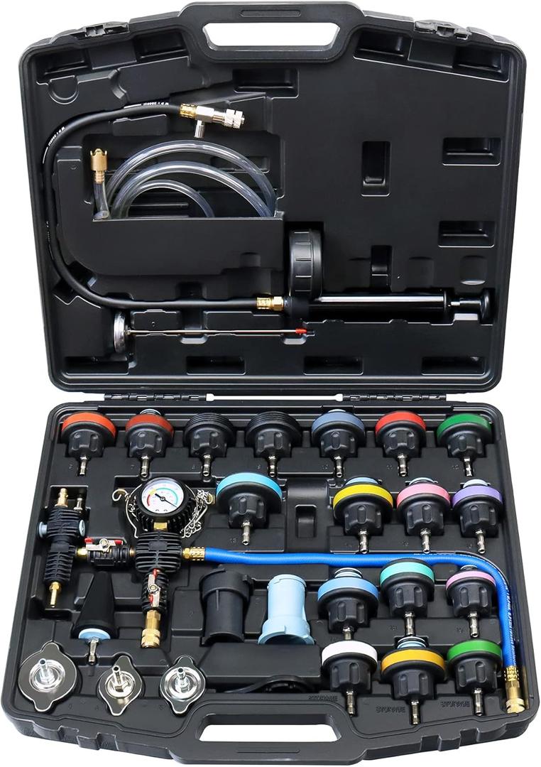 JoyFans Coolant Pressure Tester Kit, Cooling System Coolant Vacuum Refill Kit Automotive Tools Works on Radiator Leak Test & Coolant Fill Purge Service for Cars Trucks Airlift (20"x18"x4", Black Suitcase)