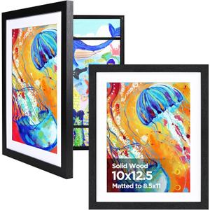 KINLINK 10x12.5 Kids Art Frame Set of 2, Solid Wood Kids Artwork Frames Changeable with Front Opening Hold 150 Pictures, Art Frames for Kids Art with Mat，without Mat 10x12.5 Picture Frame Black Wood