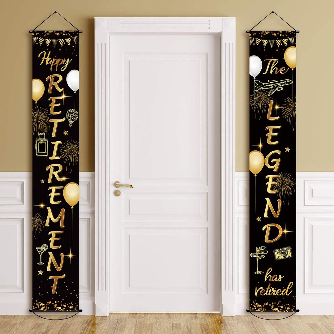 Boao Retirement Porch Sign Door Hanging Banner, Retirement Banner the Legend Fabric Door Sign Background for Retire Party Decoration Supplies, 71 x 12 Inches(Black and Gold)