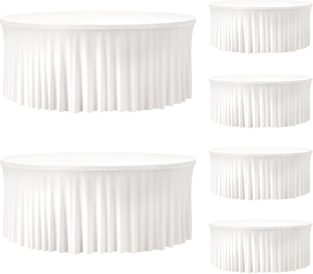6 Pack White Round Tablecloth 72 Inch, Washable Spandex Table Cloth Elastic Edge with Table Skirt Circular Table Cover for Wedding Banquet Party, Birthday, Buffet Tables and Family Reunion