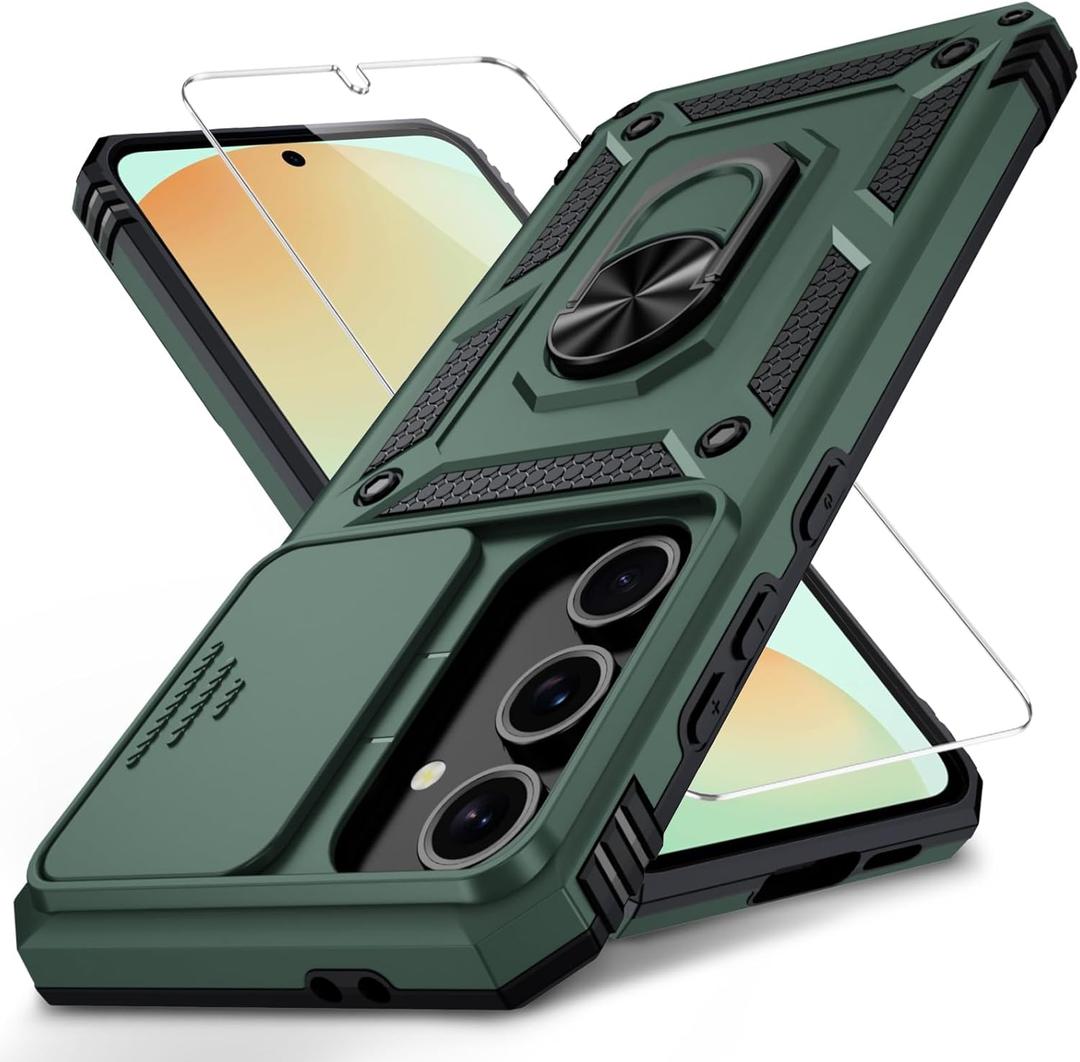 Weycolor for Samsung Galaxy S25 Case with Camera Lens Cover, HD Screen Protector, 10 FT Military Grade Drop Protection, Magnetic Ring Holder Kickstand Protective Phone Case, Pine Green