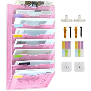 8 Pockets Mesh Wall File Holder Organizer Office Hanging File Folder Magazine Rack, Nametag Label Hooks Set Included (Pink)