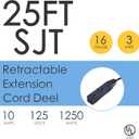 25 FT Retractable Extension Cord Reel with 3 Electrical Outlets, 16AWG/3C SJTW Power Cord for Indoor & Outdoor Use, UL Listed