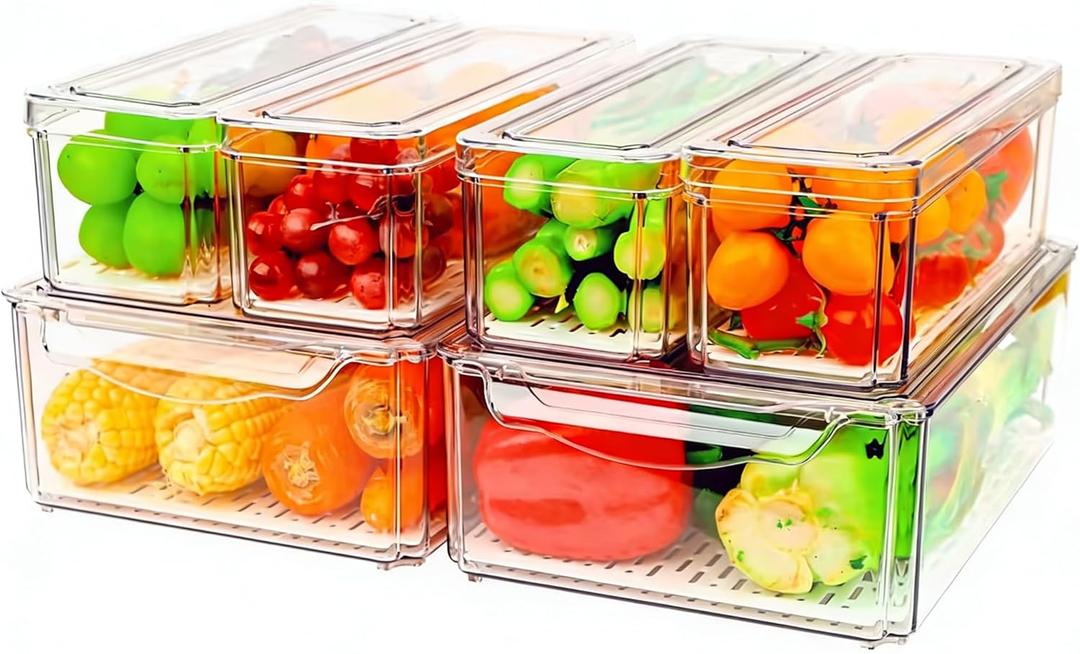 6 Pack Fridge Organizer, Stackable Refrigerator Organizer Bins with Lids, BPA-Free Fridge Organizers and Storage Containers for Fruit, Vegetable, Food, Drinks, Cereals, Clear