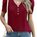 LOMON Womens Puff Short Sleeve Shirt Summer Tops V Neck Casual T Shirts Loose Fit Blouses (Red, S)