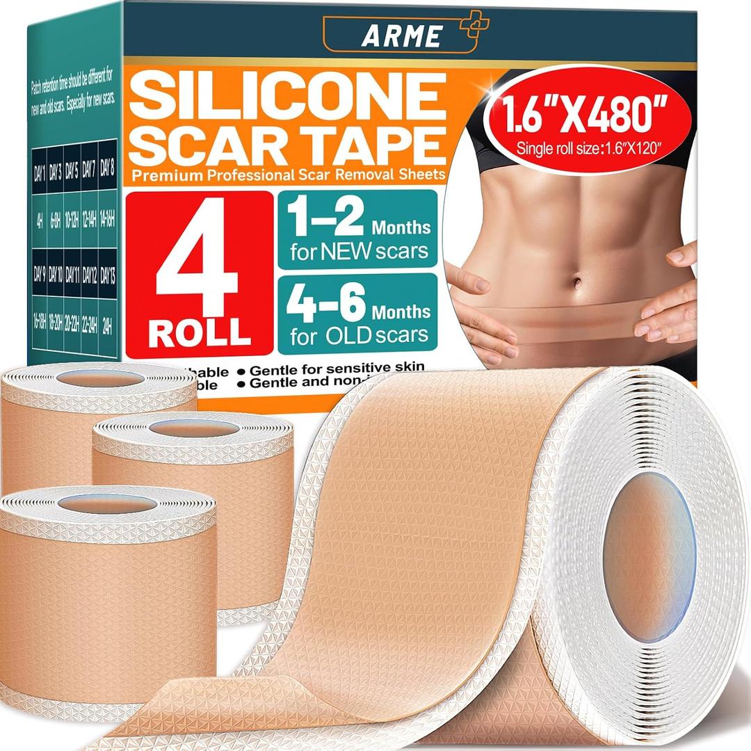 Arme Silicone Scar Tape, 1.6"x480" Silicone Scar Sheets(4 Rolls-12M) Medical Grade Scar Tape for Surgical Scars, Reusable Scar Patches, Professional Scar Removal Strips for C-Section Keloid Tummy Tuck