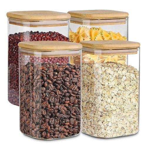 Glass Storage Containers with Airtight Bamboo Lids Set of 4,Pantry Food Storage Container,Perfect for Kitchen Organization-Flour, Rice, Pasta, Sugar, Coffee Beans, Accessories Included (4 packs(50oz))