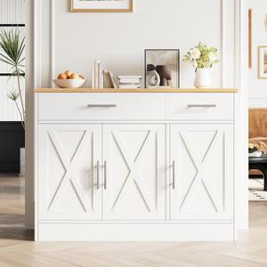 Vongrasig 43" Sideboard Buffet Cabinet with Storage, Farmhouse Coffee Bar with Drawers and Shelves, Wood Buffet Table for Kitchen, Dining Room, White