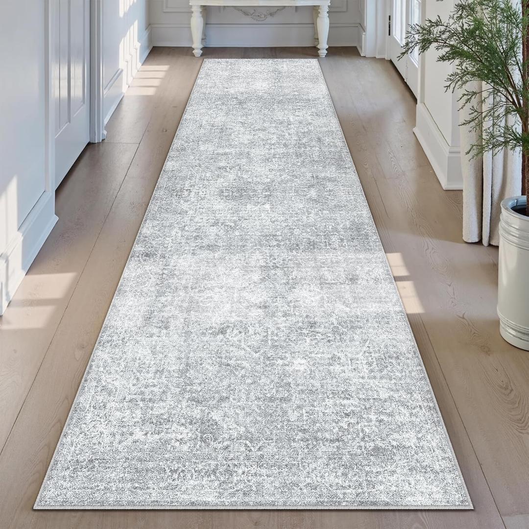 2x8 Runner Rug Washable Vintage Indoor Hallway Carpet Non Slip Grey Bedroom Low Pile Kitchen Distressed Long Retro Accent Throw Rug for Bathroom Dining Laundry Living Room, 2' x 8' (Runner), Distressed Grey