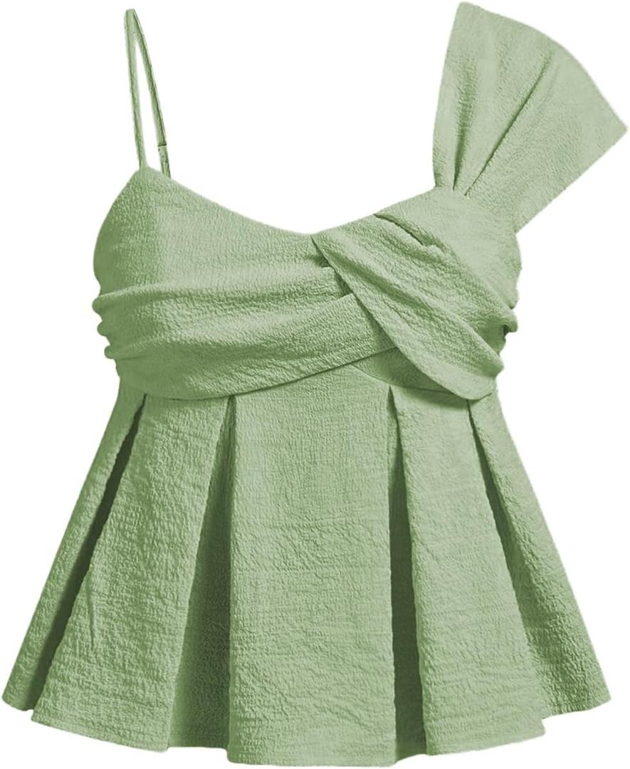 SOLY HUX Women's Summer Tops Asymmetrical Straps Ruffle Sleeveless Babydoll Top Summer Going Out Cami Top (L)