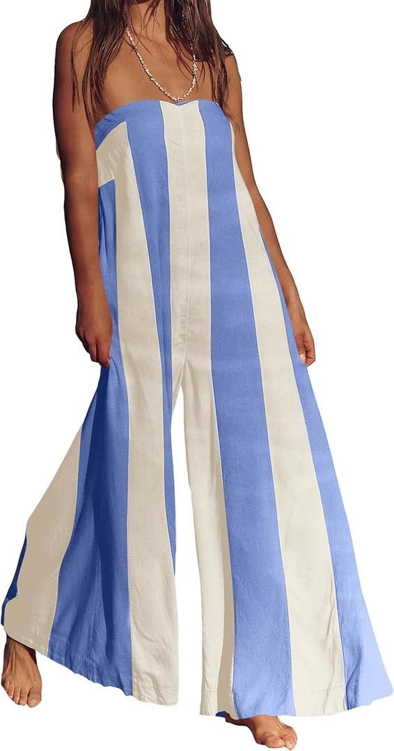 Summer Strapless Wide Leg Jumpsuits Women Cotton Striped Strapless Long Beach Rompers 2026 One Piece Outfits Pockets (L)
