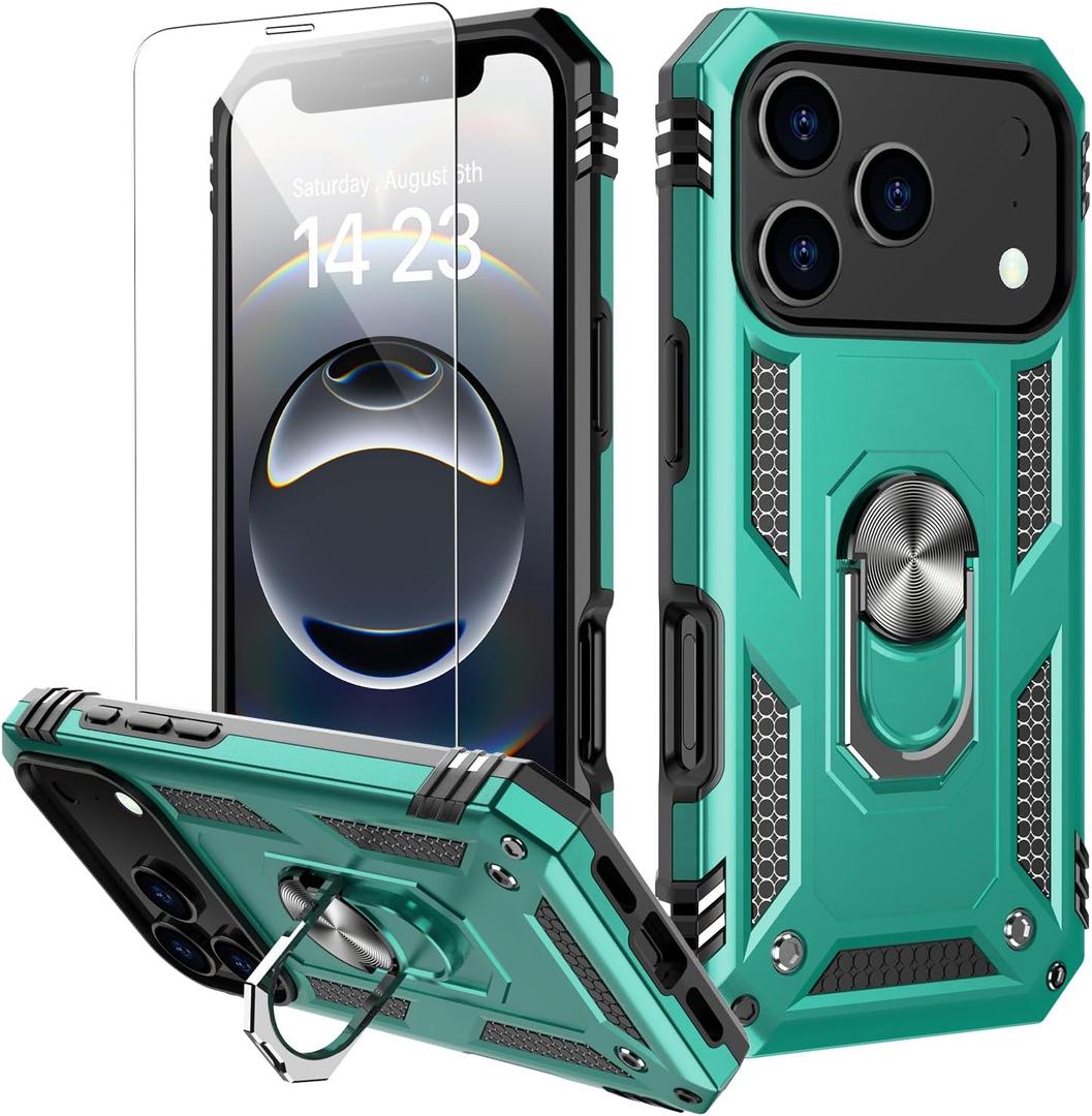 IKAZZ for iPhone 17 Pro Max Case 6.9 Inch with Screen Protector,Military Grade Shockproof Heavy Duty Protective Phone Cover Pass 16ft Drop Test with Magnetic Kickstand Car Mount Holder,Turquoise