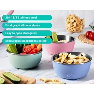 Elk and Friends Stainless Steel Bowls with Silicone Sleeve for Babies & Toddlers | Lids Included | Stay Put Suction | Cereal & Snack Bowls | 3 pack
