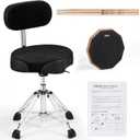 AKLOT Saddle Drum Throne with Backrest, Disassemble Hydraulic Drum Throne Drum Stick Drum Pad, Heavy Duty Drum Seat, Height Adjustable Suede Drum Chair, Motor Style Drum Stool for Adults Drummer Black