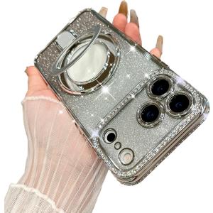 for iPhone 17 Pro Max Magnetic Glitter Case [Compatible with MagSafe] Women Girls Bling Rhinestone Case with Stand Luxury Diamond Camera Protection Shockproof Case for iPhone 17 Pro Max, Silver
